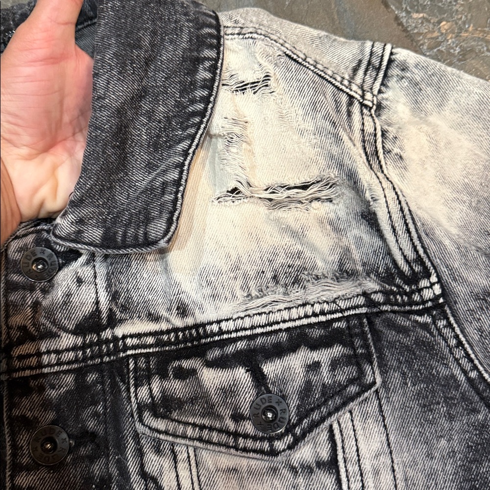 XXX Rude Grey & Black Distressed Bleached Denim Jacket size LG - Picture 12 of 15